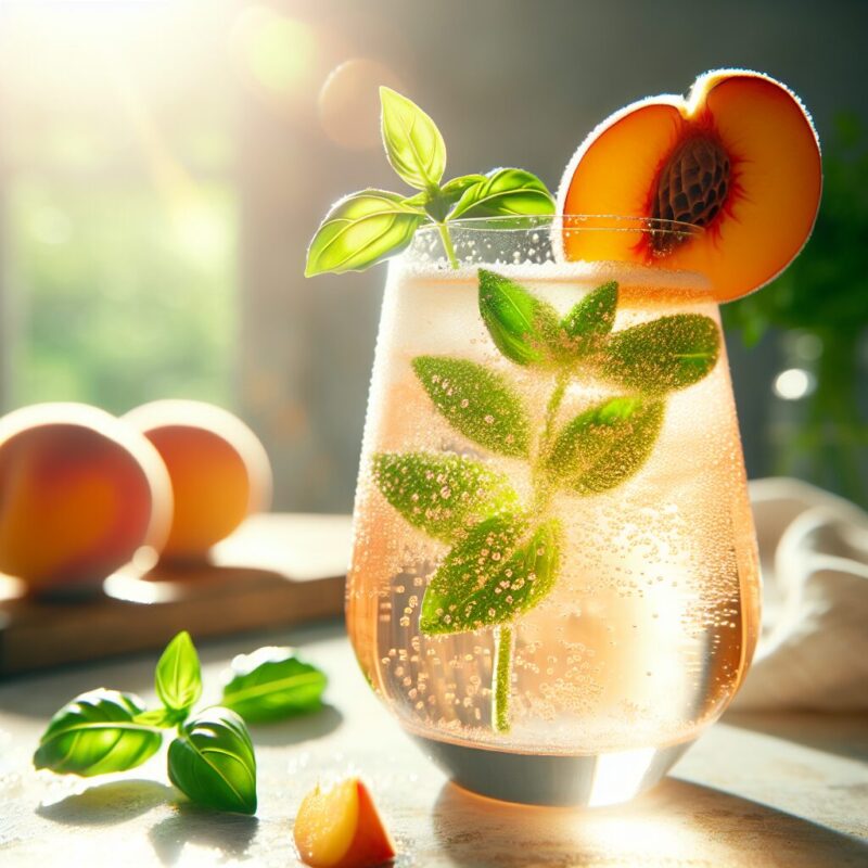 Peach Basil Sparkler Mocktail.